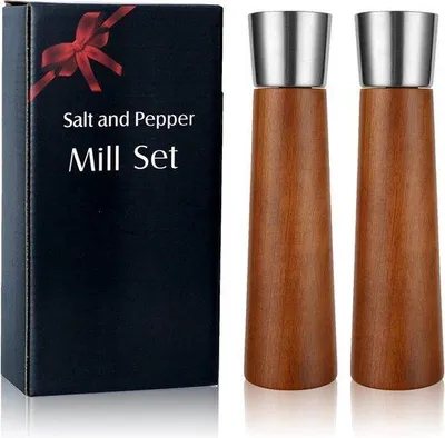 Produktbild von Famanu Set von 2 Holz-Kräutermühlen mit keramischem Mahlwerk - manuelle Pfeffermühle aus Edelstahl