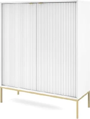 Produktbild von BETTSO Hoche Geriffelt Kommode 2 Türen Highboard Goldgriffe Glamour NOVA Weiß auf Goldbeinen