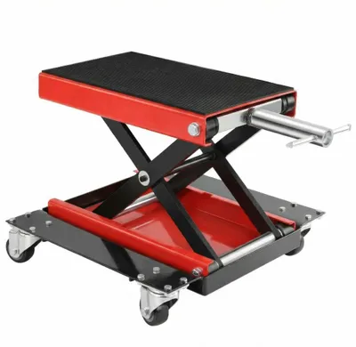 Zdjęcie produktu dla Podnośnik do motocykli z szeroką platformą i kołem – nośność 500 kg – regulowana wysokość 9,5-47,5 cm – stal