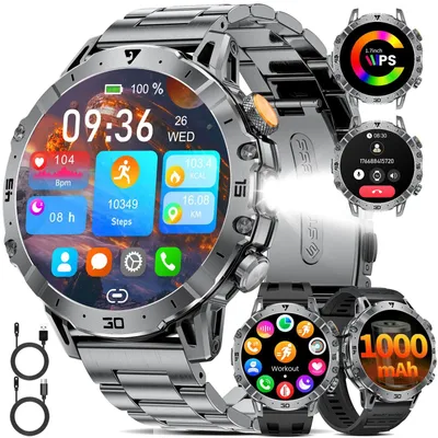 Zdjęcie produktu dla Inteligentny zegarek męski, styl militarny, bateria 1000 mAh, duży wyświetlacz HD z funkcją telefonu, latarka LED, ponad 110 trybów sportowych, monitorowanie tętna i snu, wodoszczelność IP68, kolor: czarny