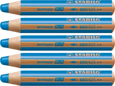 Produktbild von Buntstift, Wasserfarbe & Wachsmalkreide - STABILO woody 3 in 1 - 5er Pack - mittelblau
