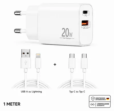 Obrázok produktu pre Rýchlonabíjačka USB-C + USB-A s dvojitým napájacím adaptérom a káblom – 1x USB Lightning, 1x Type-C – Type-C, 1 meter