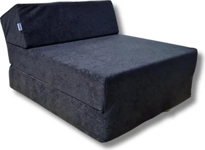 A dark gray foldable mattress/chair is shown from a diagonal front-view.