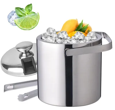 Produktbild von 1,3-Liter-Eisbehälter aus doppelwandigem, isoliertem Edelstahl, silberfarben, mit Eiswürfelbehälter, Getränkebehälter, Eiskelle und Deckel
