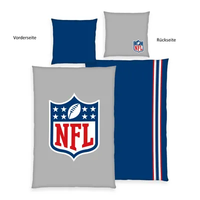 A display of NFL bedding, showing both the front and back sides of a duvet cover and pillowcase.