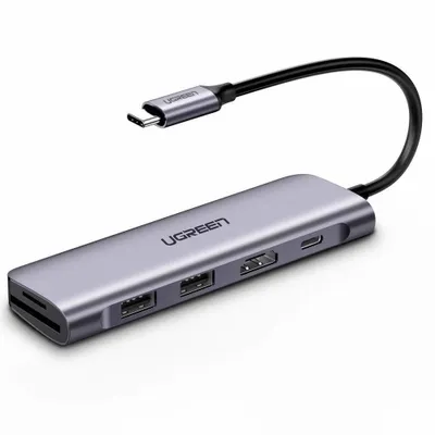 Produktbild von Ugreen 6-in-1 USB C PD, USB 3.2 Gen 1 (3.1 Gen 1) Type-C, 100 W, Silber, SD, SDHC, 4K Ultra HD, HDMI, USB 3.2 Gen 1 (3.1 Gen 1) Type-A, USB Typ-C