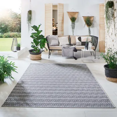 Produktbild von Steffensmeier Indoor Outdoor Teppich Öland Balkon Terrasse Küche Garten wasserfest Kunststoff, strapazierfähig , Streifen Grau Anthrazit, 80x150 cm