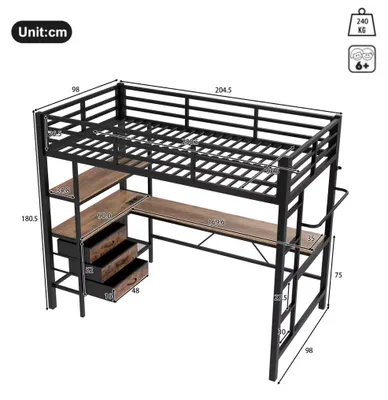Productafbeelding van Multifunctioneel hoogslaper - Metalen bed 90 x 200 cm - Ingebouwde bureau - USB-aansluiting en LED-verlichting - Opbergruimte - Zonder matras - Zwart