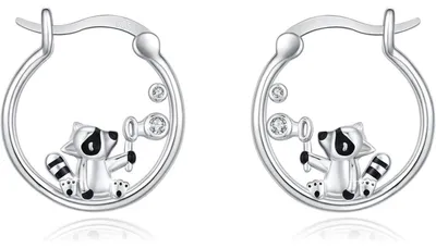 Immagine prodotto di Orecchini a cerchio in argento sterling 925 con motivi animalistici: tartaruga, pinguino, procione, gatto, pipistrello, occhio, gufo. Idea regalo per donne e ragazze