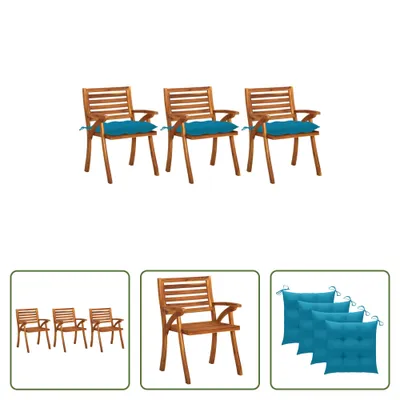 Produktbild von The Living Store Garten-Essstühle mit Kissen 3 Stk. Massivholz Akazie
