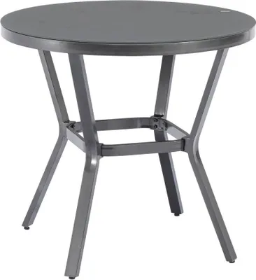 A round metal table with a dark top and a gray base, shown from a slightly elevated angle against a white background.