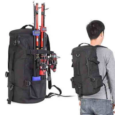Produktbild von Angelrucksack, Angelkoffer, Angeltasche, zylindrische Angeltasche aus Polyester mit großem Fassungsvermögen und Rutenhalter