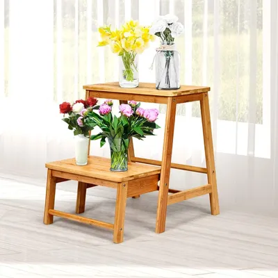Produktbild von COSTWAY 2-Stufen Tritthocker, Leiterstuhl klappbar, Trittstuhl aus Bambus, Trittleiter bis 100kg belastbar, Haushaltsleiter natur, Hockerleiter für Bibliotheken oder Zuhause, 45 x 51 x 48 cm