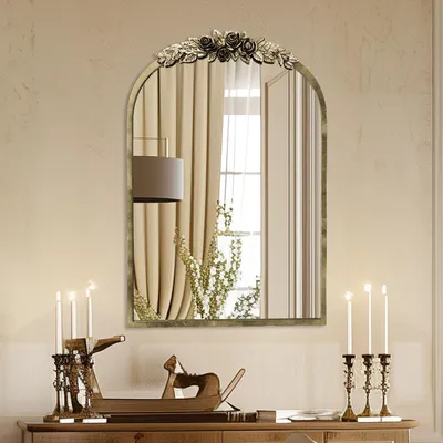 Immagine prodotto di Specchio da parete Vrygle, decorazione vintage a forma di arco: specchio decorativo con cornice in legno a forma di rosa, specchio estetico per ingresso, soggiorno e camera da letto, 50×75 cm