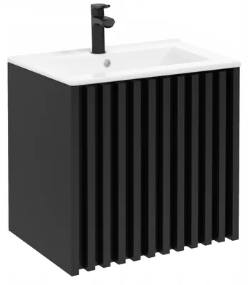 Zdjęcie produktu dla Szafka Łazienkowa z Umywalką 60 cm Czarna Matowa Lamele Wisząca MDF Drzwi