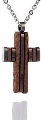 Immagine prodotto di Croce pendente in acciaio inossidabile con rivestimento nero e catena di legno per gioielli da uomo - 50 cm