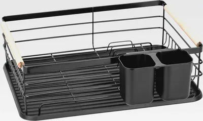 Produktbild von Kompaktes Abtropfgestell Geschirr, Abtropfgitter mit Tablett und Besteckhalter, Geschirrabtropfgestell KA001 für Küche, Abtropfhalter, Geschirrablage für Spüle, 43 x 30,5 x 14 cm, Schwarz