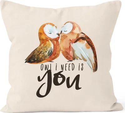 Produktbild von Kissen-Bezug Owl I need is you All i need is you Eule Liebe Spruch Kissen-Hülle Deko-Kissen Baumwolle MoonWorks® natur unisize