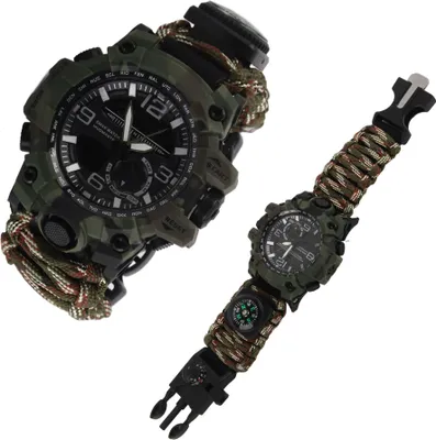 Two camouflage-patterned sport watches with paracord straps are displayed against a white background.
