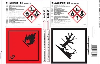 Produktbild von GHS Haftetiketten für Otto-/Dieselkraftstoff mit Sicherheitshinweisen und Gefahrensymbolen