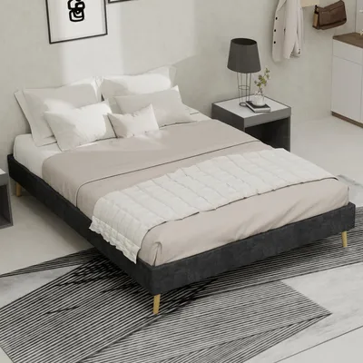 Image de Cadre de lit 140 x 200 cm, gris, velours hollandais, lit bas sans tête de lit ni matelas