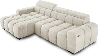 Produktbild von Ecksofa OMBO 285x168x77/97 cm, Linke Seite Mit Schlaffunktion, Elektrisch Ausziehbarer Sitzfläche, Verstellbaren Kopfstützen, Dunklen Buchenholzfüßen, Hydrophobem EDEN-Bezugstoff - Weiß