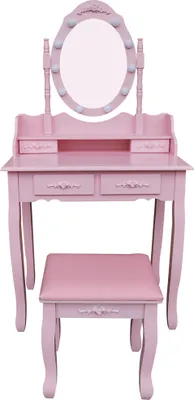 A pink vanity table with a mirror and stool.