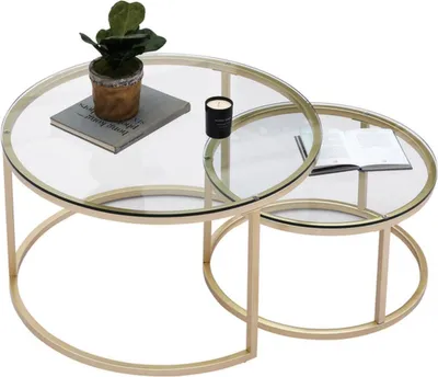Zdjęcie produktu dla Zestaw stolików salonowych Bolt Edge – 2x okrągłe – szkło i złoto – styl rustykalny – salon – 60 i 40 cm