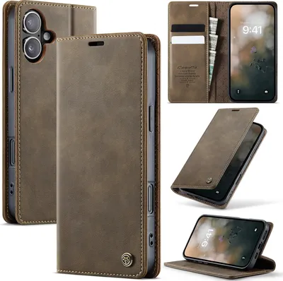 A collage of images showing a brown leather flip phone case for an iPhone, with various angles and features displayed.