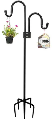 Obrázok produktu pre Záhradný držiak Schäferhaken, dvojitý háčik, 274 cm, s 5-zubou základňou, vhodný na solárne lampy, kvetináče, lucerny, vtáčie búdy, kov, čierna farba