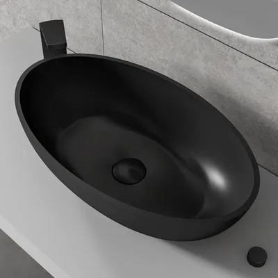 Produktbild von Aufsatzwaschbecken RELAX - Mineralguss matt - Oval - 52,8 x 30,9 x 16,5 cm, Farbe:Schwarz matt, Ablaufgarnitur wählbar:Ohne Ablaufgarnitur, Zusätzl. Blende für Ablaufgarnitur:ohne zusätzl. Blende