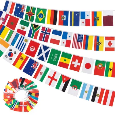 Immagine prodotto di Ghirlanda di bandierine con i simboli di 48 paesi, lunghezza 14,5 metri, in poliestere, ideale per decorazioni a tema calcio, Mondiali 2026