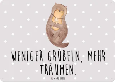 Produktbild von Mr. & Mrs. Panda Wandbild Otter Muschel DIN A6 - Grau Pastell - Geschenk, Motivation, Träumen, Schild, tafel, Retro Blechschild, Türschild, Positiv, Optimistisch