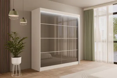 Produktbild von ALTDECOR Kleiderschrank mit Lacobel-Schiebetüren, kugelgelagerte Führungsschienen und Aluminium- Leisten, LED-Beleuchtung (weiß + 16 Farben) und Fernbedienung - PEKA3 - 200 cm Weiß / Grau
