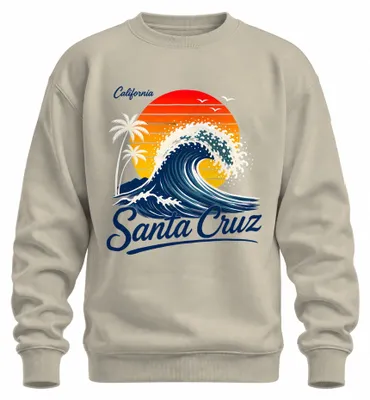 Imagen del producto de Sudadera con cuello redondo, estilo retro, con motivos de olas, atardecer y surf en la playa, Santa Cruz, California. Color: natural. Talla: M