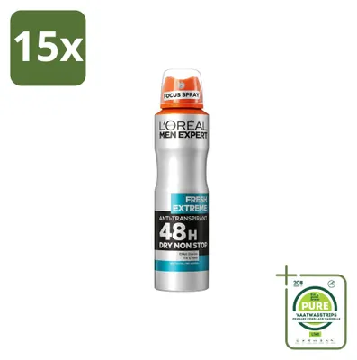 Zdjęcie produktu dla 15 sztuk dezodorantu w sprayu L'Oréal Paris Men Expert Fresh Extreme, pojemność 150 ml - opakowanie zbiorcze