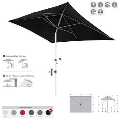 A black rectangular patio umbrella is shown from a slightly elevated angle, with diagrams illustrating its features and color options below.