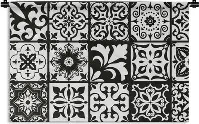 Produktbild von MuchoWow® Wandteppich Wandbehang Muster - Schwarz - Weiß - Blumen - Abstrakt 150x100 cm Tapisserie Dekoration Wandtuch - Waschbar - Tapisserien - Wand-Decke