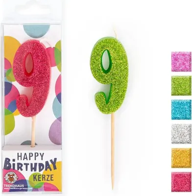 Produktbild von trendhaus BIRTHDAY FUN Zahlenkerze Glitter Mini 9, sortiert (1 Stück) GLITTER