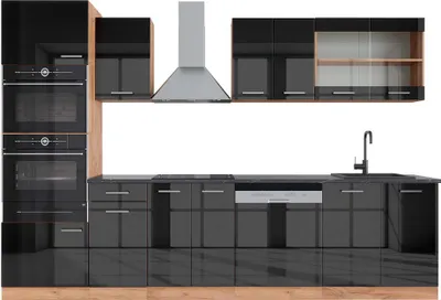 Produktbild von Küchenzeile Vicco R-Line Anthrazit Hochglanz/Goldkraft Eiche 300 cm mit Hochschrank, AP Anthrazit, Model 43012