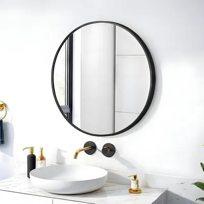 Produktbild von Minimalistischer runder Wandspiegel in schwarzem Metallrahmen