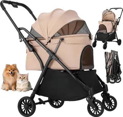 Zdjęcie produktu dla Wózek dla psa i kota - 2 w 1 - do 20 kg - 4 koła 360° - oddychająca siatka - składany jednym dotknięciem - jasnożółty