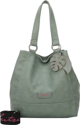 A studio shot of a green shoulder bag with a leaf charm.