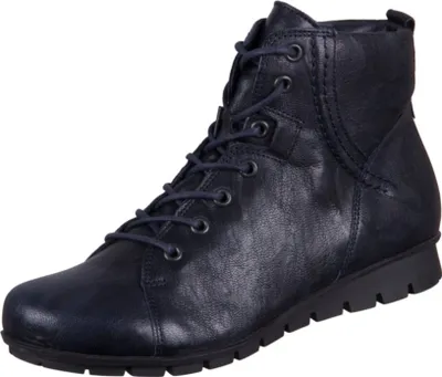 A single blue leather boot is shown against a white background.