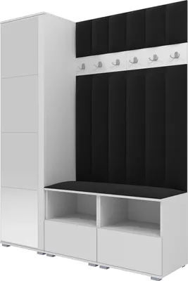 Produktbild von Garderoben-Set Nela II LUX mit Spiegel, gepolsterte Garderobe 150 cm mit Doppel-Sitzbank, Wandpaneelen und Stauraum (Farbe: Weiß + Trinity 16)