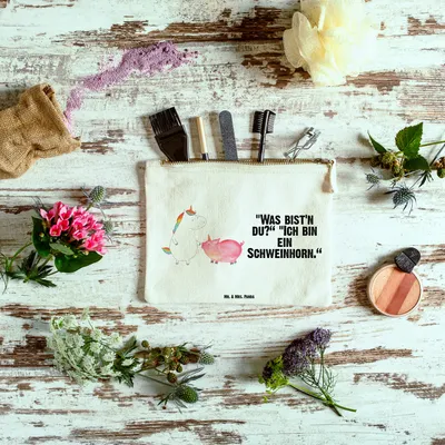Produktbild von Mr. & Mrs. Panda Schlampermäppchen Einhorn Schwein Größe M - Weiß - Geschenk, Unicorn, Schminktasche, Freundin, Kosmetiktasche, Einhörner, Etui, Kulturbeutel, Schweinchen