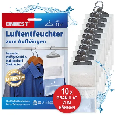 Produktbild von ONBEST Luftentfeuchter zum Aufhängen | 10 x 245 g | Granulat | Nachfüllpack | Nachfüllbeutel | Universal