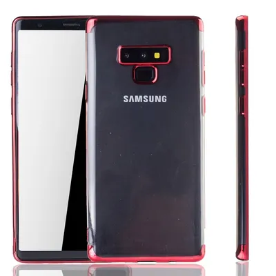Immagine prodotto di Custodia protettiva in silicone trasparente rosso per Samsung Galaxy Note 9. La custodia è realizzata in TPU e protegge il retro del telefono
