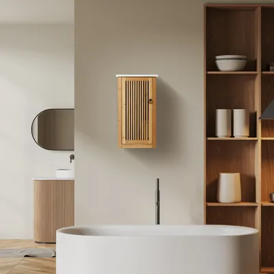 Zdjęcie produktu dla Szafka łazienkowa Relaxdays, szafka wisząca z półką, wys. x szer. x gł.: 60 x 34,5 x 21 cm, szafka ścienna, bambus i MDF, kolor naturalny/biały