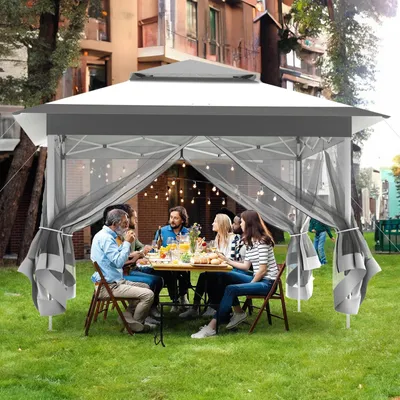 Image de Pavillon de jardin Outdoor 3,3 x 3,3 m, Pop-up, gris clair, 4 moustiquaires amovibles, résistant aux UV et à la pluie, double toit, pliable